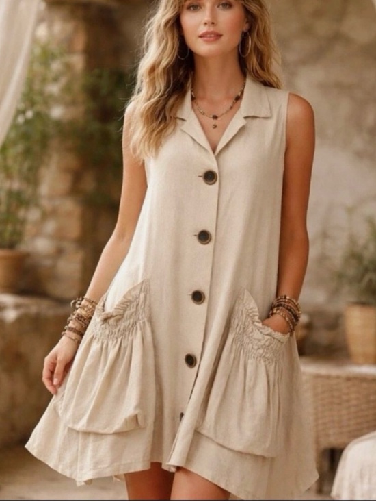 For Cynthia Dresses & Skirts - ForCynthia Linen Blend Shirt Dress Asymmetrical Hem Button Up Lagenlook XS